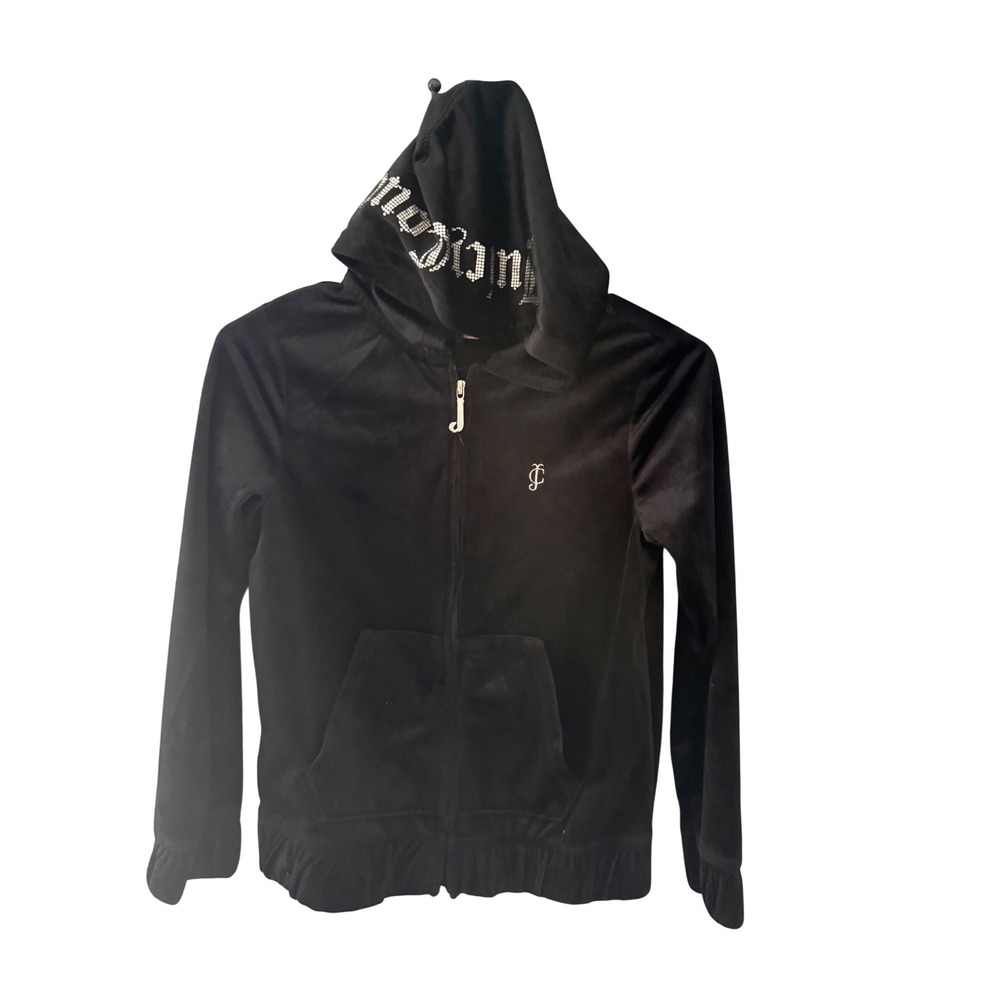 Juicy Couture Kids Black Velour Rhinestone Logo Full Zip Hoodie Size M 8-10